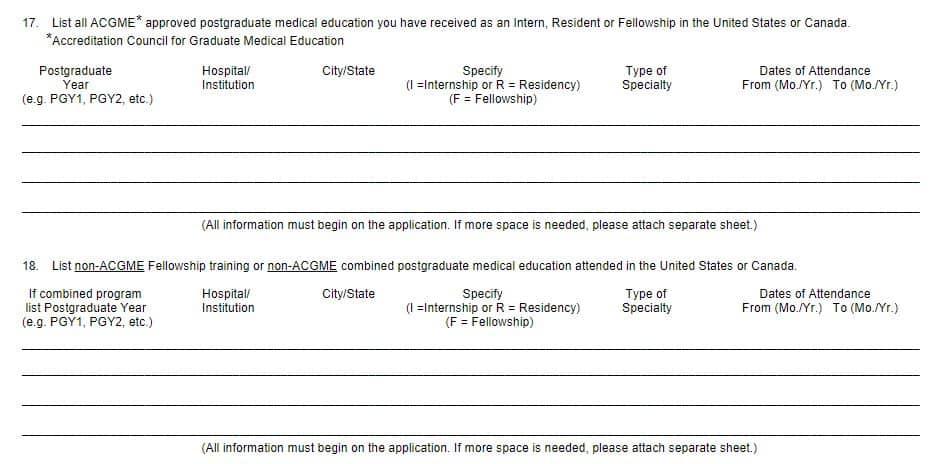 Actual questions from a state medical license application