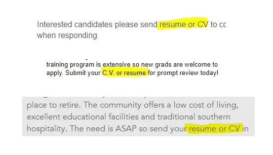An example of a job post requiring a resume or CV