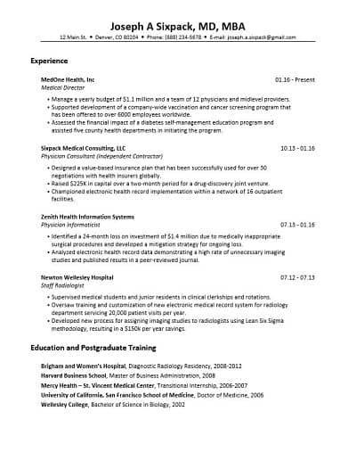 Resume Template For Non Clinical Physicians Look For Zebras