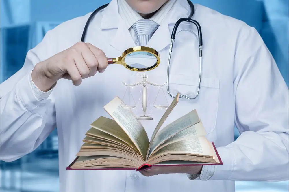 Doctor looks legal textbook through a magnifying glass.