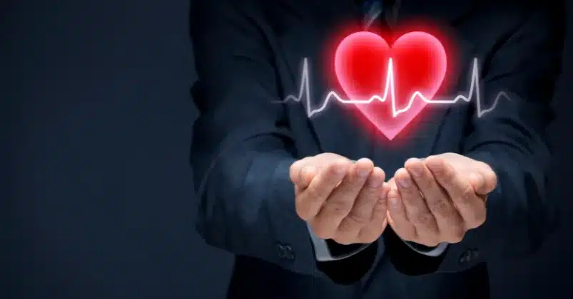 A person holding a heart with a pulse line